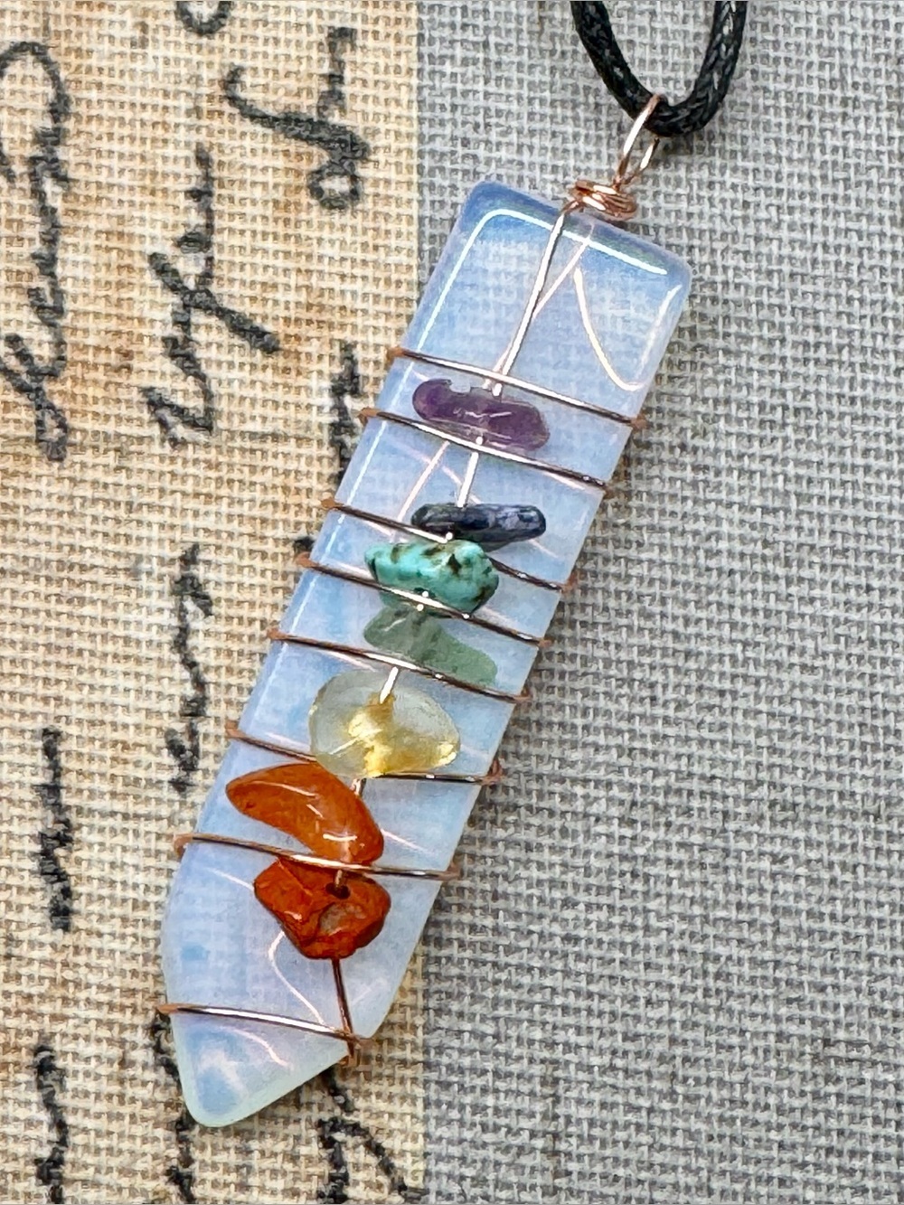 New Natural Crystal Healing Chakra Gemstones & Opalite Wand Pendant Necklace